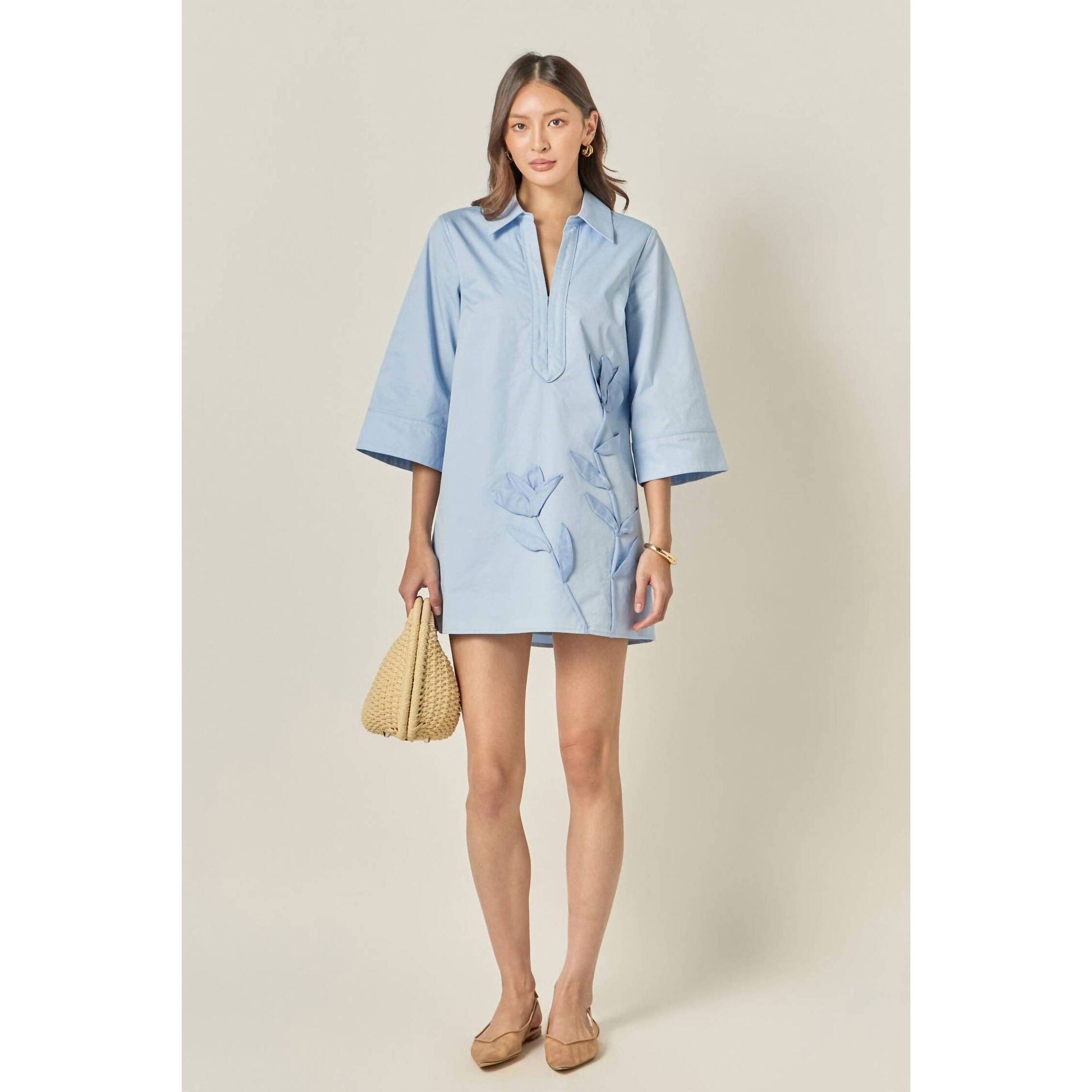 New English Factory Appliqued Shirt Mini Dress In Powder Blue